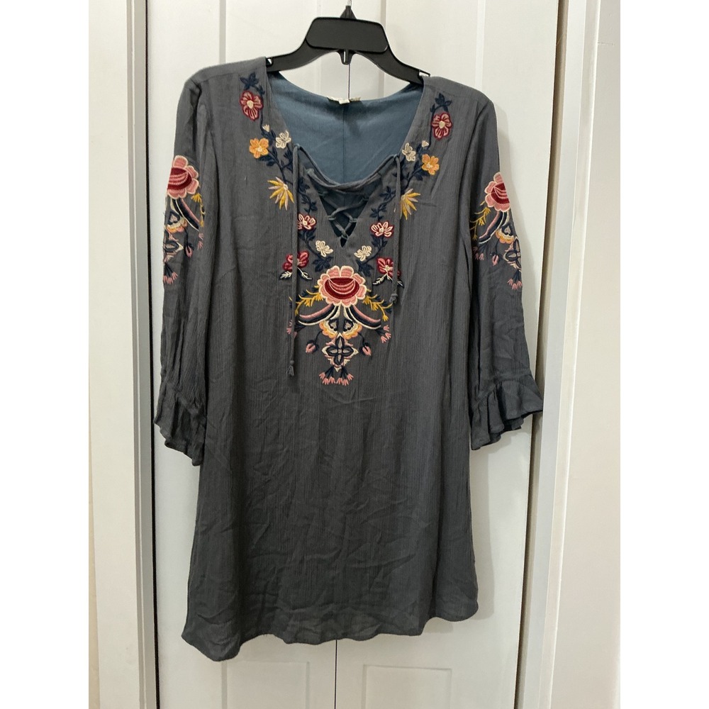 Umgee USA Boho Floral Embroidered Lace Up Tunic Dress Gray Blue Medium